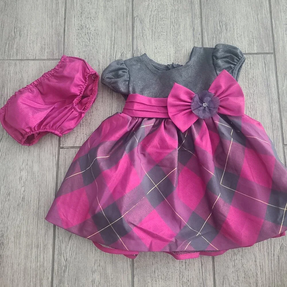 Bonnie Baby Girl Holiday Plaid Party Dress pink and grey with Bloomers Size 6–9M